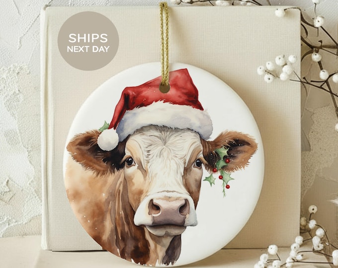 Cow Christmas Ornament, Rustic Farmhouse Ceramic Tree Decor, Cute Santa Cow Bauble, Country Holiday Keepsake, Farm Animal Lover Xmas Gift