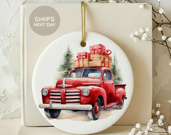 Vintage Red Truck Christmas Ornament, Rustic Farmhouse Holiday Decor, Watercolor Country Xmas Tree Bauble, Nostalgic Winter Gift for Home