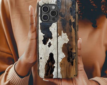 Rustic Wood and Cowhide Pattern iPhone Tough Case, Unique Western Style iPhone Tough Case, Durable Protective iPhone Cover