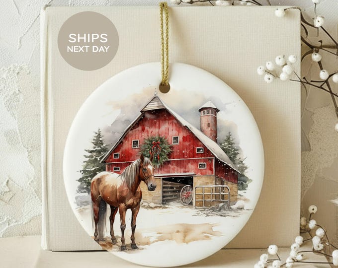 Rustic Horse Christmas Ornament, Farmhouse Red Barn Holiday Tree Decor, Watercolor Equestrian Gift for Horse Lover, Country Winter Keepsake