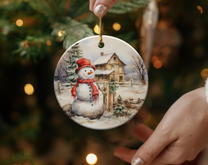 Christmas Ornament Winter Snowman Scene with Cozy Farmhouse, Keepsake Ornament Gift The Family