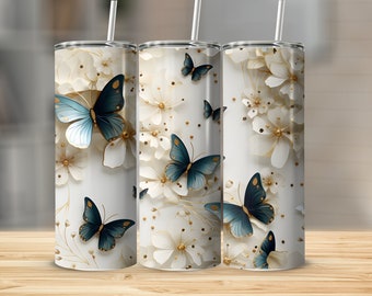 Blue Butterfly Floral Tumbler Sublimation Design: 20 oz Skinny Wrap (Digital PNG)