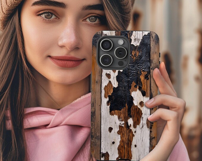 Trendy Rustic Wood Cowhide Pattern iPhone Case, Vintage Barnwood Design Phone Protector, Farmhouse Style iPhone Tough Case for iPhone 16 15