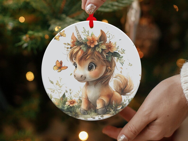 Baby Unicorn Surrounded With Flowers and Butterflies Ornaments