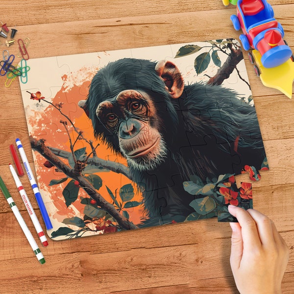 Chimpanzee in Nature Horizontal Jigsaw Puzzle 30, 110, 252, 520, 1014 Pieces, Wildlife Artwork Animal Lovers Gift