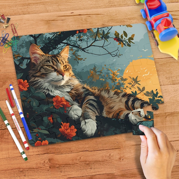 Cat in Garden Sunset View Horizontal Jigsaw Puzzle 30, 110, 252, 520, 1014 Pieces, Nature Scenery Art Animal Lovers Gift