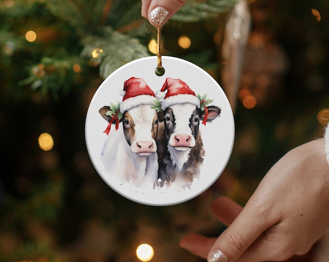 Christmas Ornament Two Festive Cows with Santa Hats, Keepsake Ornament Gift The Family