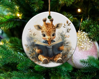 Adorable Giraffe Reading Book Watercolor Art Ornaments, Christmas Ornament Gift For Son & Daughter, Animal lovers Gift For The Family