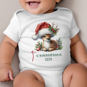 Baby&#39;s First Christmas Bodysuit 2024, Custom Baby Keepsake, Personalized Xmas Bodysuit, Deer Lovers Christmas Bodysuit With Santa Hat