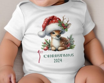 Baby's First Christmas Bodysuit 2024, Custom Baby Keepsake, Personalized Xmas Bodysuit, Deer Lovers Christmas Bodysuit With Santa Hat