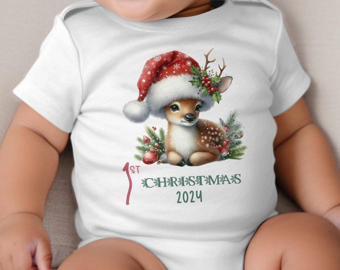 Baby's First Christmas Bodysuit 2024, Custom Baby Keepsake, Personalized Xmas Bodysuit, Deer Lovers Christmas Bodysuit With Santa Hat