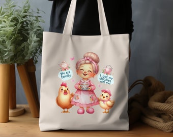 Cute Grandma With Chickens Tote Bag, Fun Family Design, Adorable Chickies Illustration, Perfect Gift For Animal Lovers, Unique Tote Bag