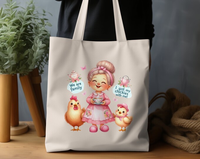Cute Grandma With Chickens Tote Bag, Fun Family Design, Adorable Chickies Illustration, Perfect Gift For Animal Lovers, Unique Tote Bag