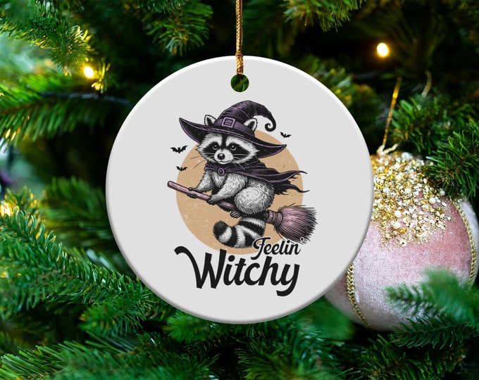 Feelin Witchy Halloween Ornament | Witch Raccoon on Broomstick | Cute Spooky Decor for Halloween