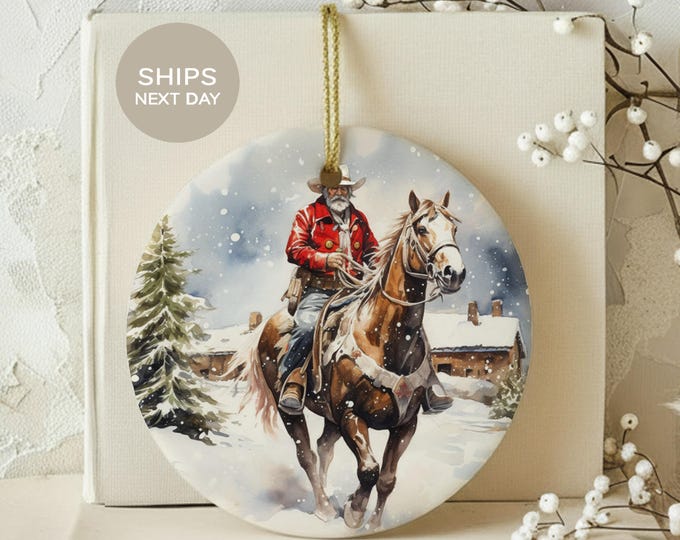 Western Cowboy Christmas Ornament, Rustic Horse Rider Ceramic Holiday Decor, Vintage Country Santa Ornament, Winter Ranch Tree Decoration