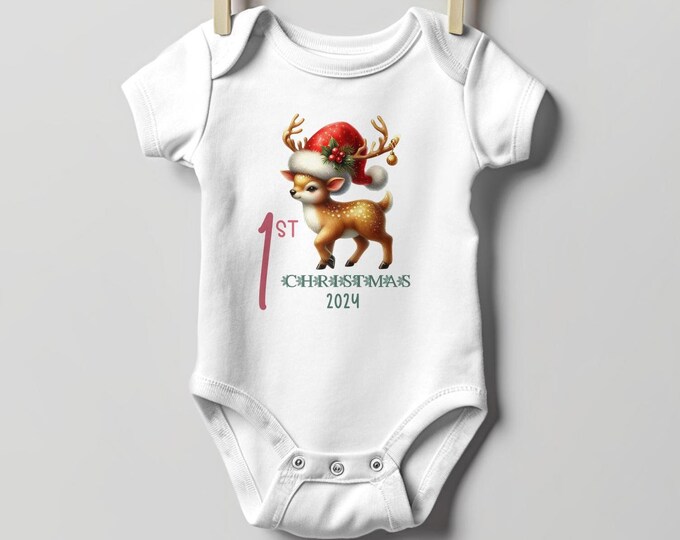 Baby's First Christmas Bodysuit 2024, Custom Baby Keepsake, Personalized Xmas Bodysuit, Deer Lovers Christmas Bodysuit With Santa Hat