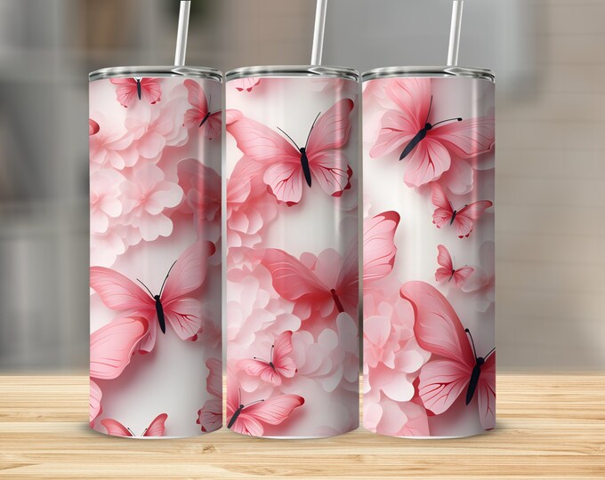 Pink Butterfly Tumbler Design, Seamless 20 oz Skinny Wrap, Sublimation Straight and Tapered, Digital Download PNG