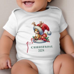 Baby&#39;s First Christmas Bodysuit 2024, Custom Baby Keepsake, Personalized Xmas Bodysuit, Deer Lovers Christmas Bodysuit With Santa Hat