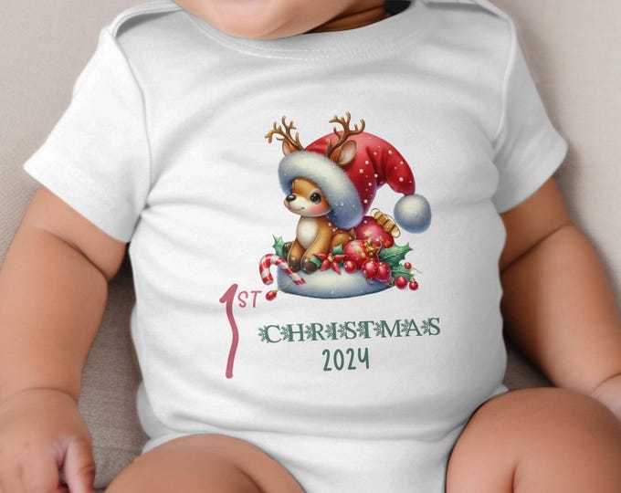 Baby's First Christmas Bodysuit 2024, Custom Baby Keepsake, Personalized Xmas Bodysuit, Deer Lovers Christmas Bodysuit With Santa Hat