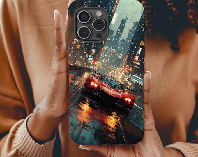 Futuristic Car Design iPhone Tough Case 16 15, Sleek Urban Nightscape Protective Cover, High Quality Durable Phone Case