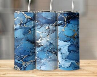 Blue Gold Marble Tumbler Design, 20oz Skinny Sublimation Wrap, Digital Download, Straight and Tapered, DIY Tumbler Template, Drinkware Art