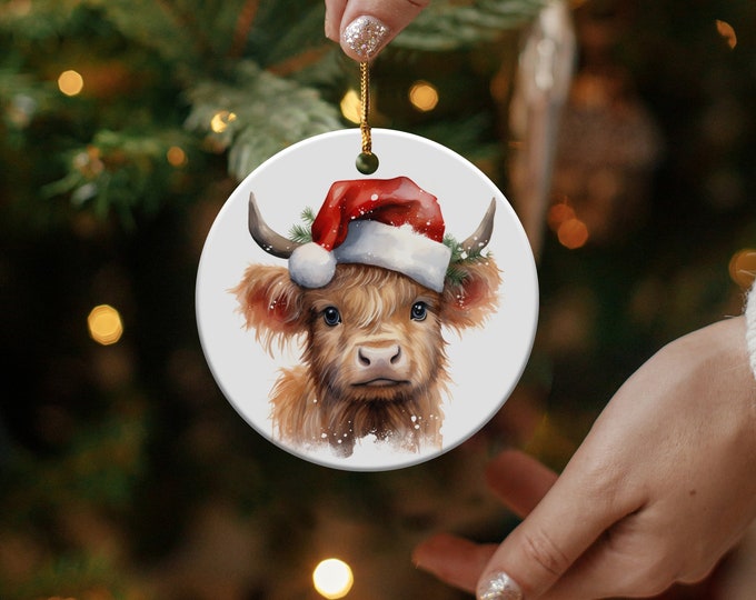 Christmas Ornament Festive Highland Cow Christmas Santa Hat, Keepsake Ornament Gift The Family