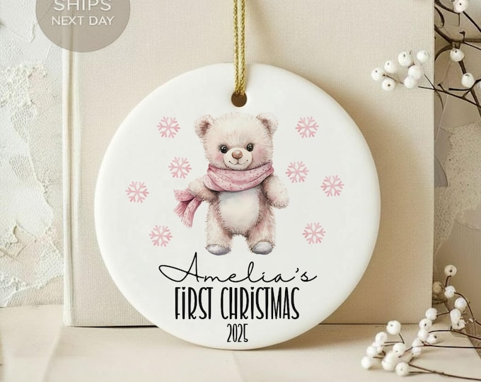 Personalized First Christmas Ornament, Teddy Bear Scarf Ornament, Baby Girl Ornament, Custom Name Ornament, Holiday Decor 2024