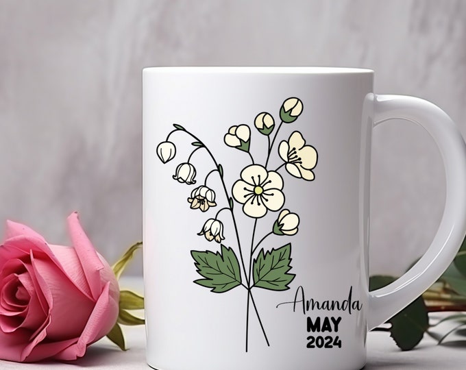 Birth Month Flower Mug Personalized With Any Name | Perfect Gift For Mom, Grandma, Sister, Aunt, Bridal Party, Best Friend, Cousin, Birthday