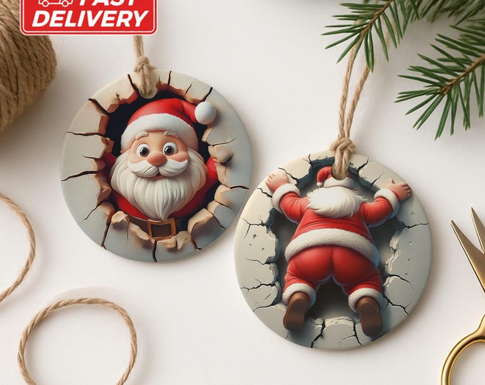 Dual-Sided 3D Style Santa Claus Ornament, Funny Christmas Decor, Unique Holiday Decoration, Santa in Wall, Humorous Xmas Ornament Gift Idea