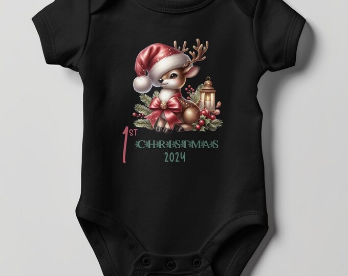 Baby's First Christmas Bodysuit 2024, Custom Baby Keepsake, Personalized Xmas Bodysuit, Deer Lovers Christmas Bodysuit With Santa Hat