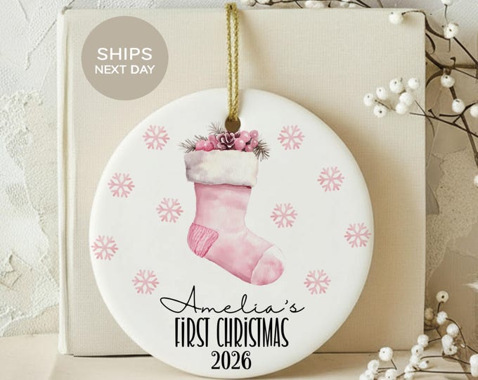 Baby Girl First Christmas Ornament, Custom Pink Stocking Ceramic Ornament, Personalized Babys 1st Christmas Keepsake Gift for Newborn
