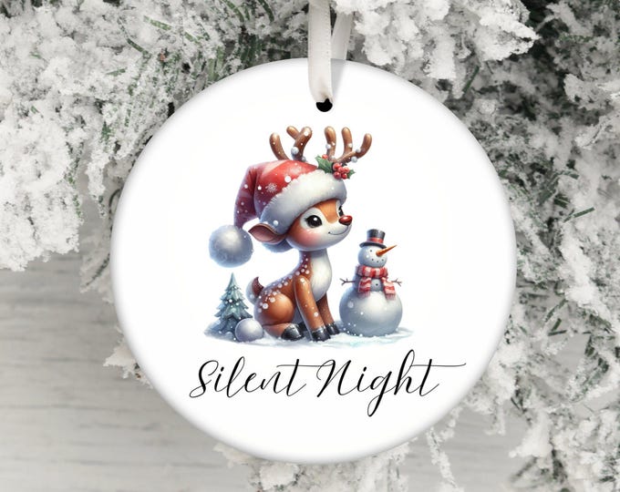 Cute Christmas Reindeer Ornament, Silent Night, Adorable Holiday Decor, Reindeer and Snowman, Festive Decoration