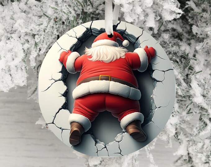 Dual-Sided Santa Claus Ornament, Funny Christmas Decor, Unique Holiday Decoration, Santa in Wall, Humorous Xmas Ornament Gift Idea