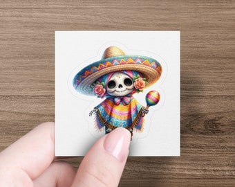 Day of the Dead Sticker, Cute Skeleton Sticker, Mexican Fiesta Sticker, Colorful Sombrero Sticker, Fun Party Favor, Skull Decal