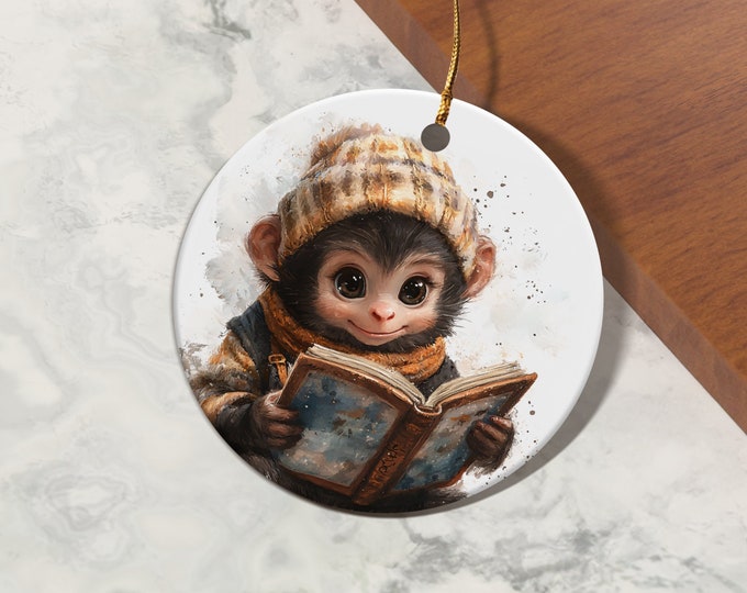 Baby Monkey Reading Book Illustration Ornaments, Christmas Ornament Gift For Son & Daughter, Animal lovers Gift For The Family Friends