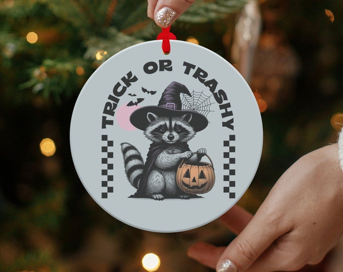 Trick or Trashy Halloween Ornament | Raccoon Witch with Pumpkin Bucket | Cute and Quirky Spooky Decor | Fun Halloween Ornament Gift Idea