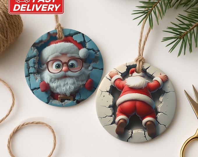 Funny Santa Claus Ornament, Crashing Through Wall, Dual-Sided Christmas Ornament, Holiday Decor, Novelty Gift, Humorous Xmas Ornament Gift