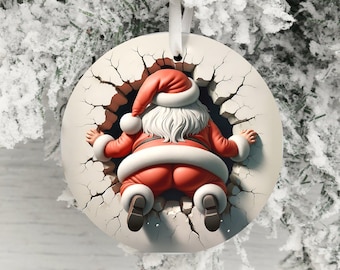 Dual-Sided 3D Style Santa Claus Ornament, Funny Christmas Decor, Unique Holiday Decoration, Santa in Wall, Humorous Xmas Ornament Gift Idea