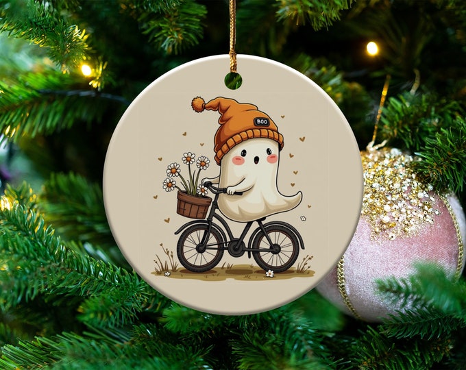 Cute Ghost Riding Bike Ornament, Ghost with Hat and Flowers, Halloween Decor, Quirky Home Decoration, Spooky Fun Gift