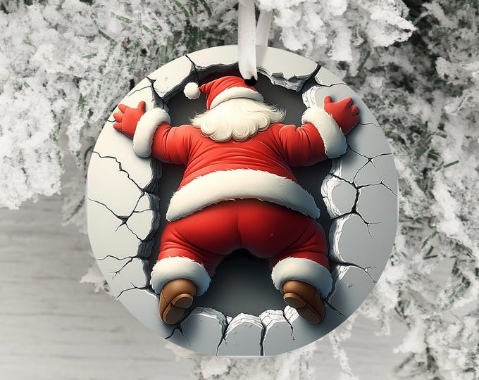 Dual-Sided Santa Claus Ornament, Funny Christmas Decor, Unique Holiday Decoration, Santa in Wall, Humorous Xmas Ornament Gift Idea