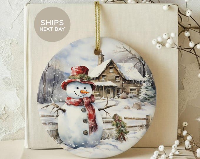 Rustic Snowman Christmas Ornament, Winter Farmhouse Tree Decor, Cozy Country Cabin Holiday Keepsake, Watercolor Snow Scene Gift for Family