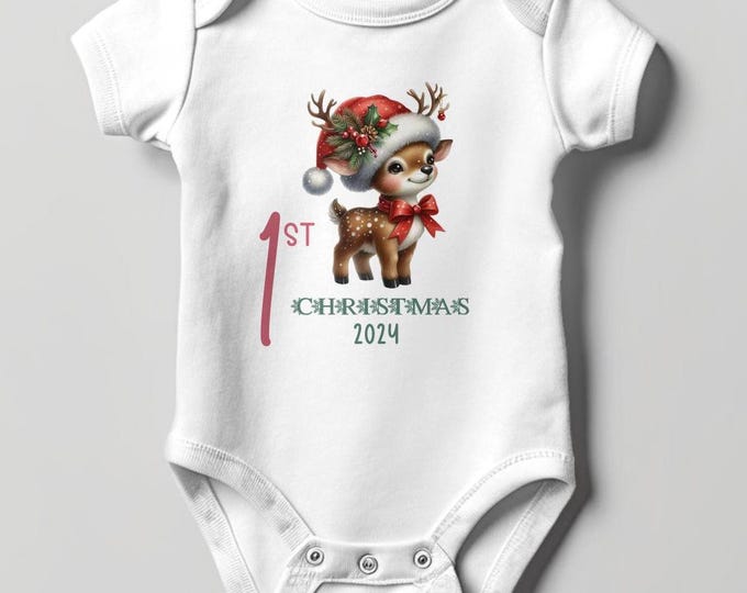 Baby's First Christmas Bodysuit 2024, Custom Baby Keepsake, Personalized Xmas Bodysuit, Deer Lovers Christmas Bodysuit With Santa Hat