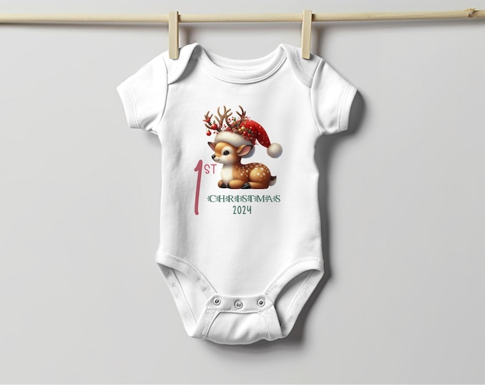 Baby's First Christmas Bodysuit 2024, Custom Baby Keepsake, Personalized Xmas Bodysuit, Deer Lovers Christmas Bodysuit With Santa Hat