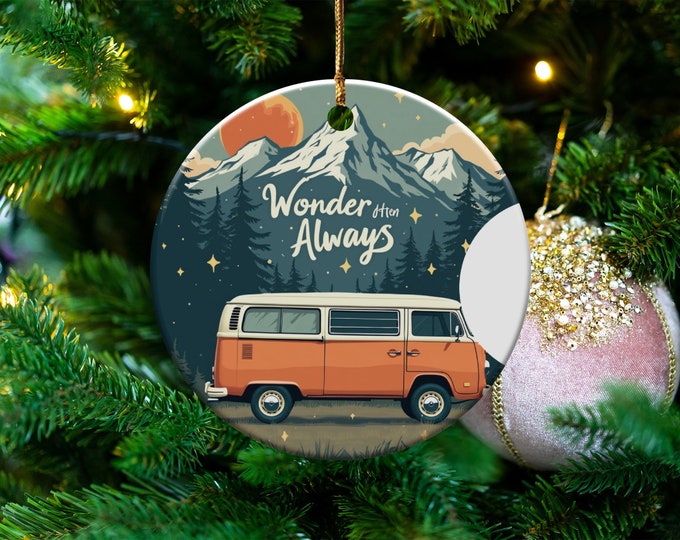 Retro Van Ornament, Adventurer Wanderlust Gift, Mountain Starry Night, Vintage Travel Decor, Explore, Camper Van Collectible
