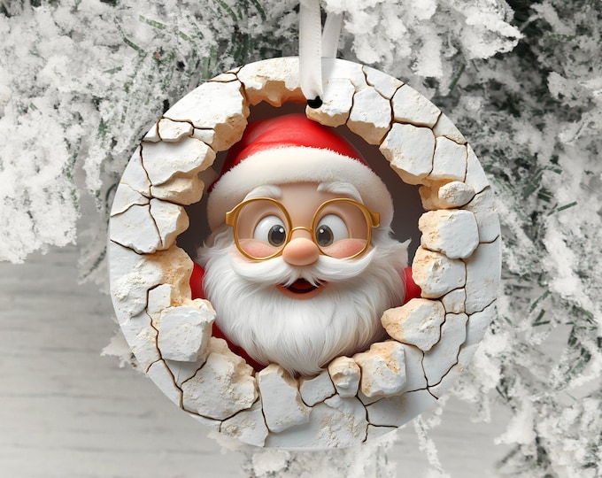 Dual-Sided Santa Claus Ornament, Funny Christmas Decor, Unique Holiday Decoration, Santa in Wall, Humorous Xmas Ornament Gift Idea
