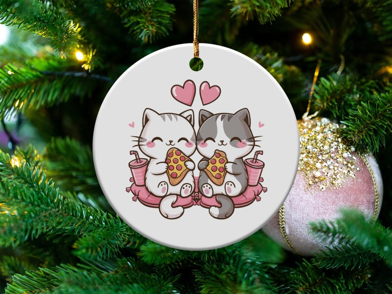 Cute Cat Eating Pizza Ornament, Pizza Loving Cats Ornament, Adorable Cat Couple Decoration