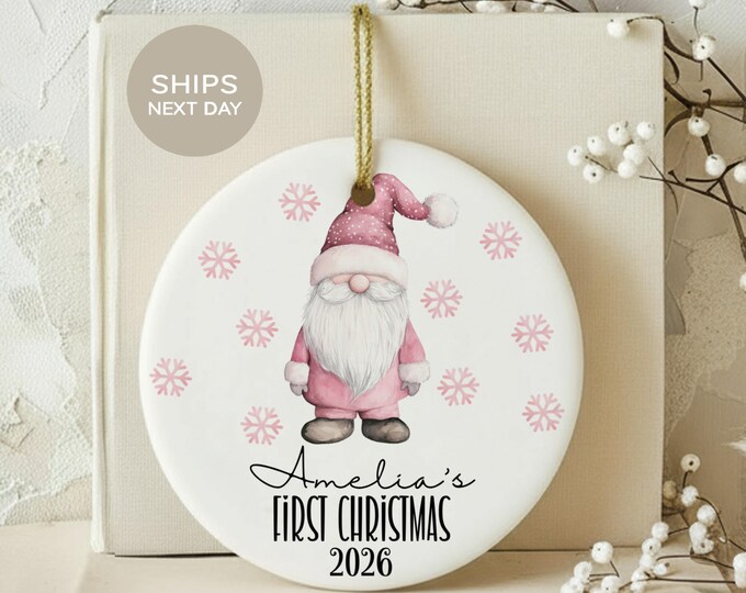 Baby First Christmas Ornament, Custom Pink Gnome 1st Christmas Keepsake for Baby Girl, Personalized Name Tree Decor, New Mom Holiday Gift