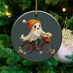 Cute Ghost Figurine on Bicycle, Halloween Ghost Decoration, Ghost Collectible, Unique Ghost Ornament, Ghost with Flower Basket