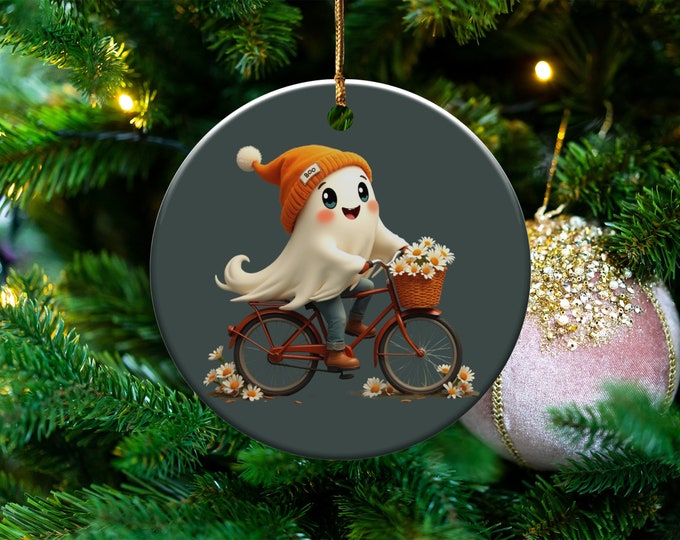 Cute Ghost Figurine on Bicycle, Halloween Ghost Decoration, Ghost Collectible, Unique Ghost Ornament, Ghost with Flower Basket