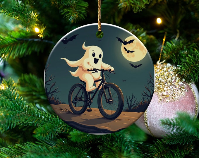 Ghost Cycling Ornament, Spooky Halloween Decoration, Lighthearted Ghost Bike Ride, Cute Ghostly Biker Keepsake, Bike Lover Gift